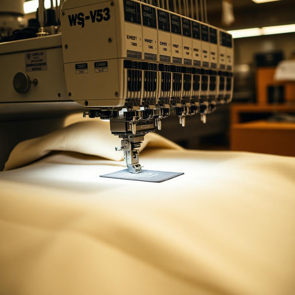 Multi-head industrial embroidery machine stitching a chest hit into cream hoodie fabric