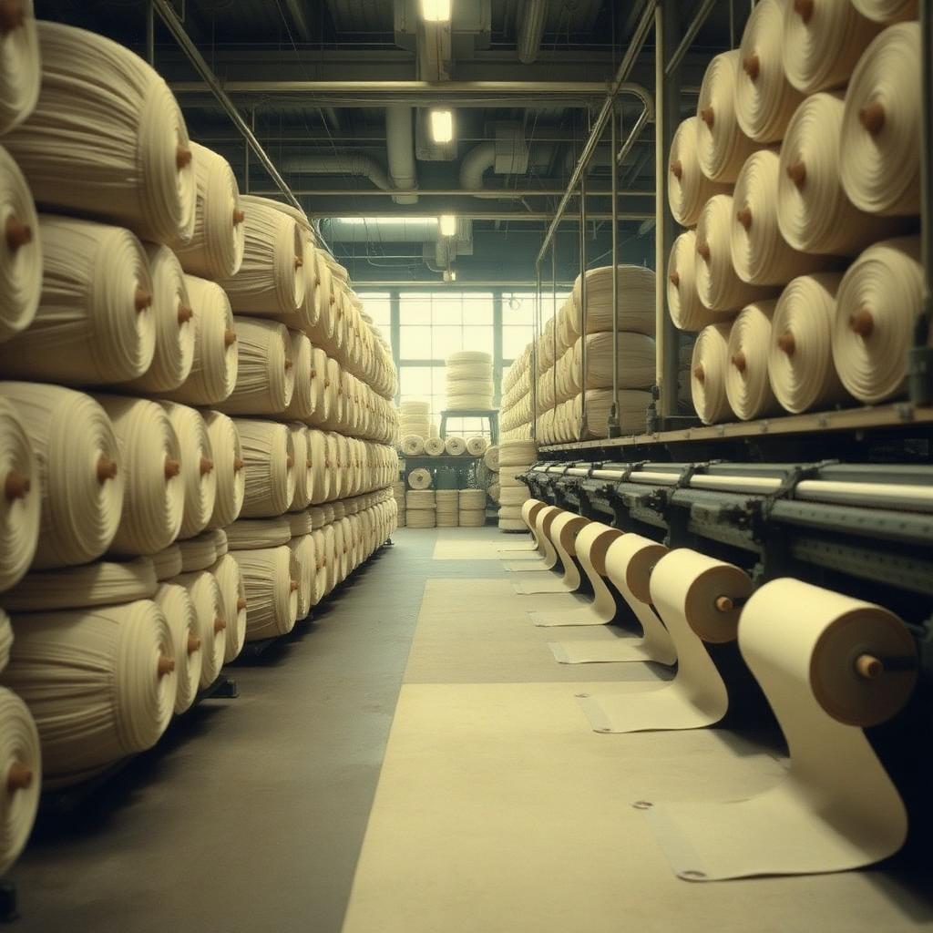 Rolls of natural cotton loopback on the floor of a US knitting mill